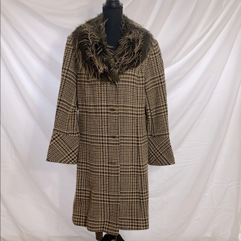 Plaid Brown Coat with Faux Fur Collar